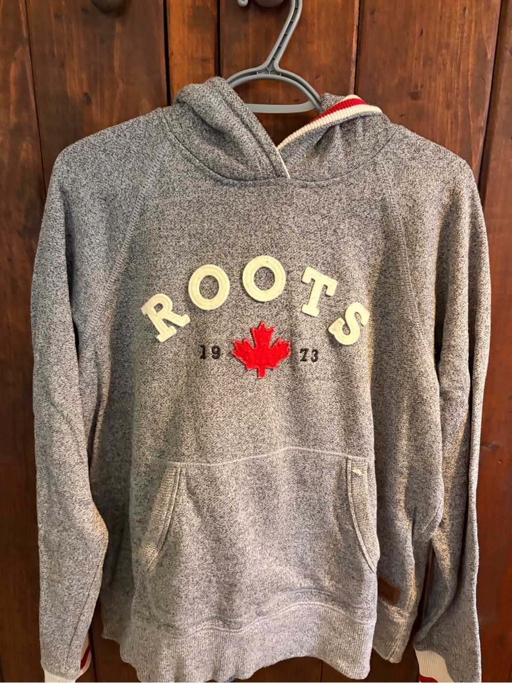 Roots Heather Gray Hoodie with Red Maple Patch and Cream Lettering